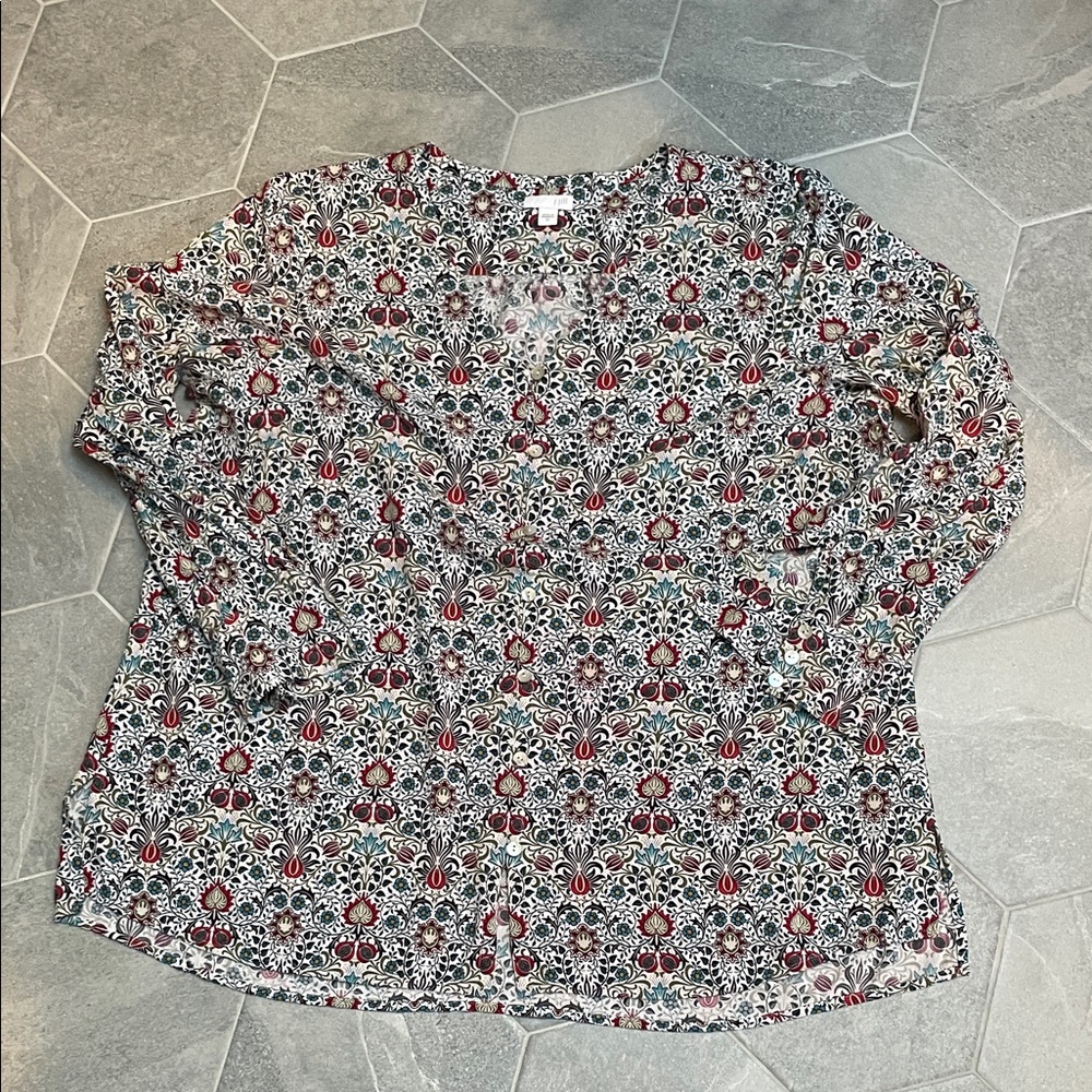 J. Jill Paisley Floral Button-Up Tunic Blouse – 100% Rayon – Size XL